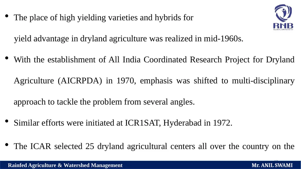Course Name: Rainfed Agriculture & Watershed - slide 17 of 22