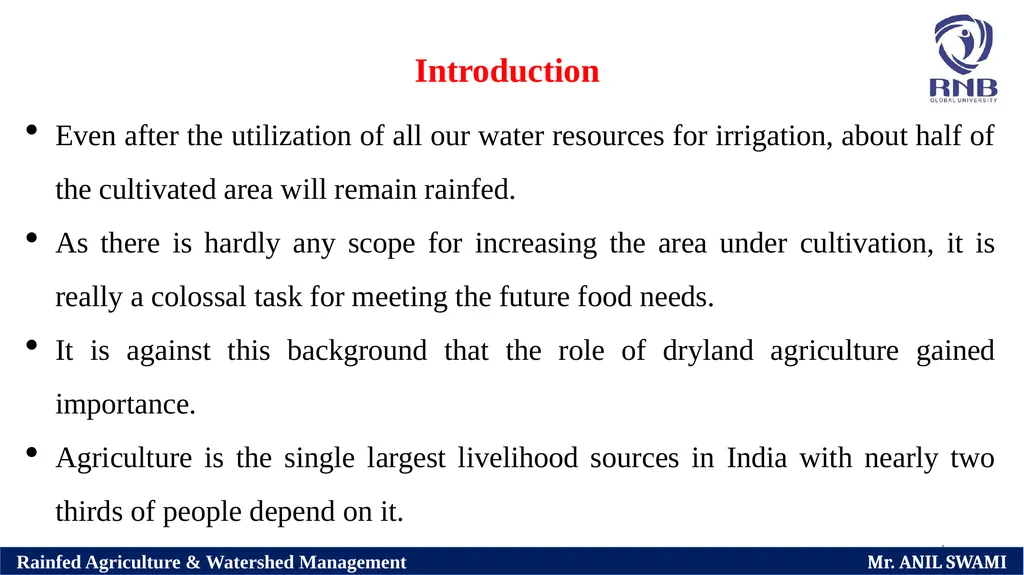 Course Name: Rainfed Agriculture & Watershed - slide 4 of 22