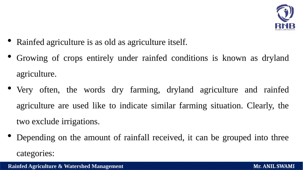 Course Name: Rainfed Agriculture & Watershed - slide 5 of 22