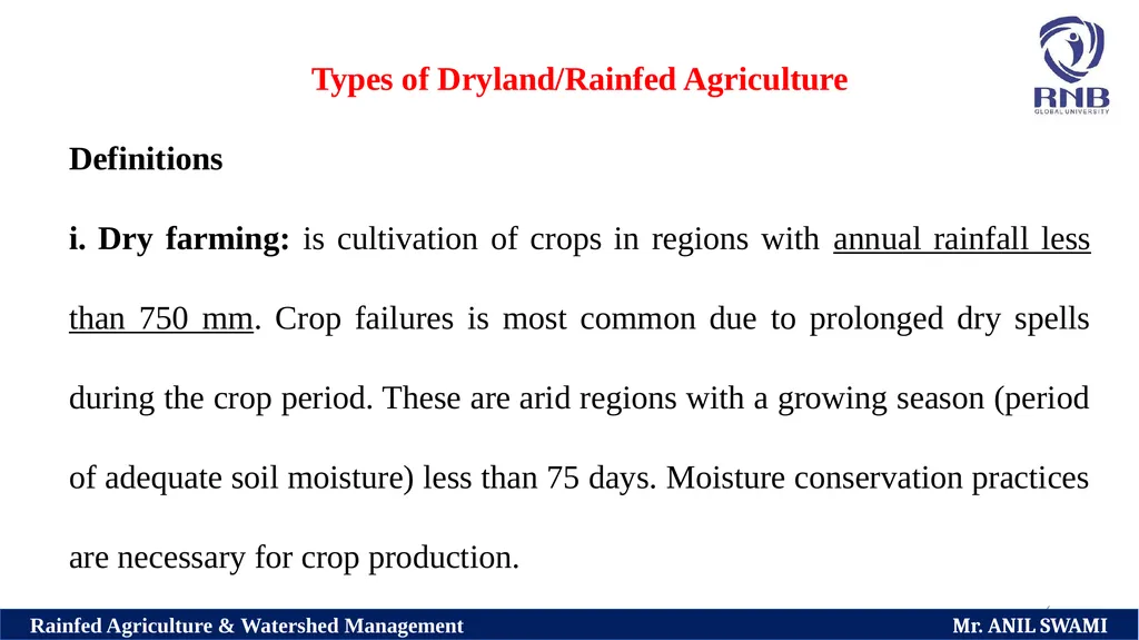 Course Name: Rainfed Agriculture & Watershed - slide 6 of 22