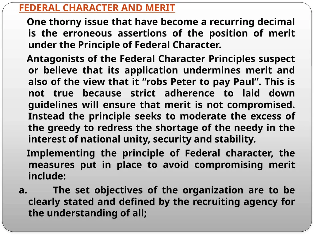 FEDERAL CHARACTER PRINCIPLES: ITS IMPLEMENTATION, - slide 19 of 26