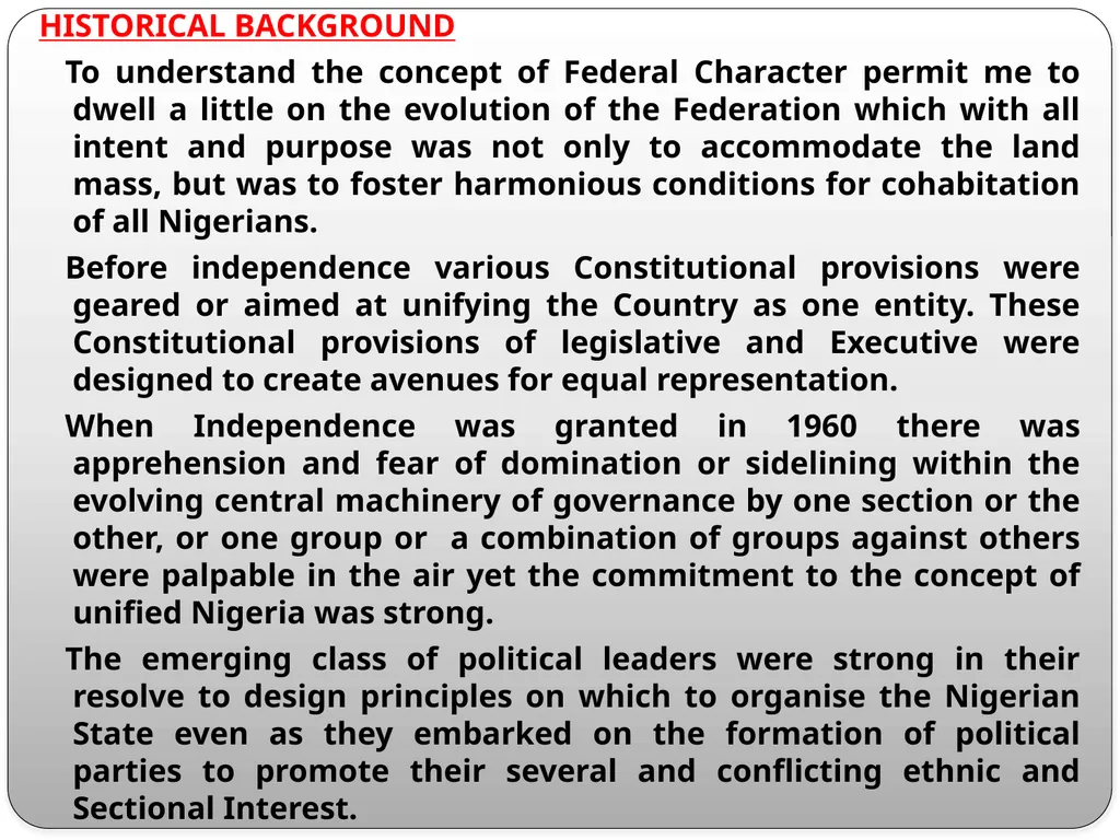 FEDERAL CHARACTER PRINCIPLES: ITS IMPLEMENTATION, - slide 3 of 26