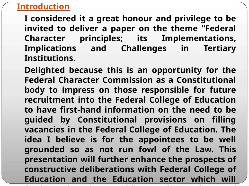 FEDERAL CHARACTER PRINCIPLES: ITS IMPLEMENTATION, - slide 2 of 26