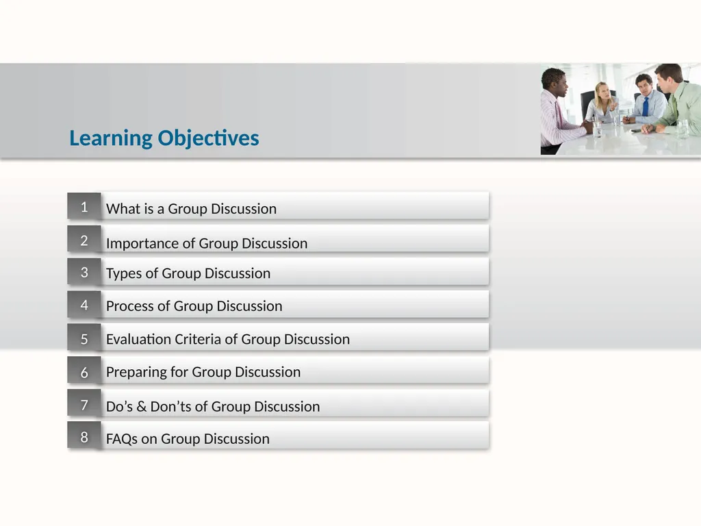Group Discussion Strategies Course Objectives Do’s - slide 11 of 49
