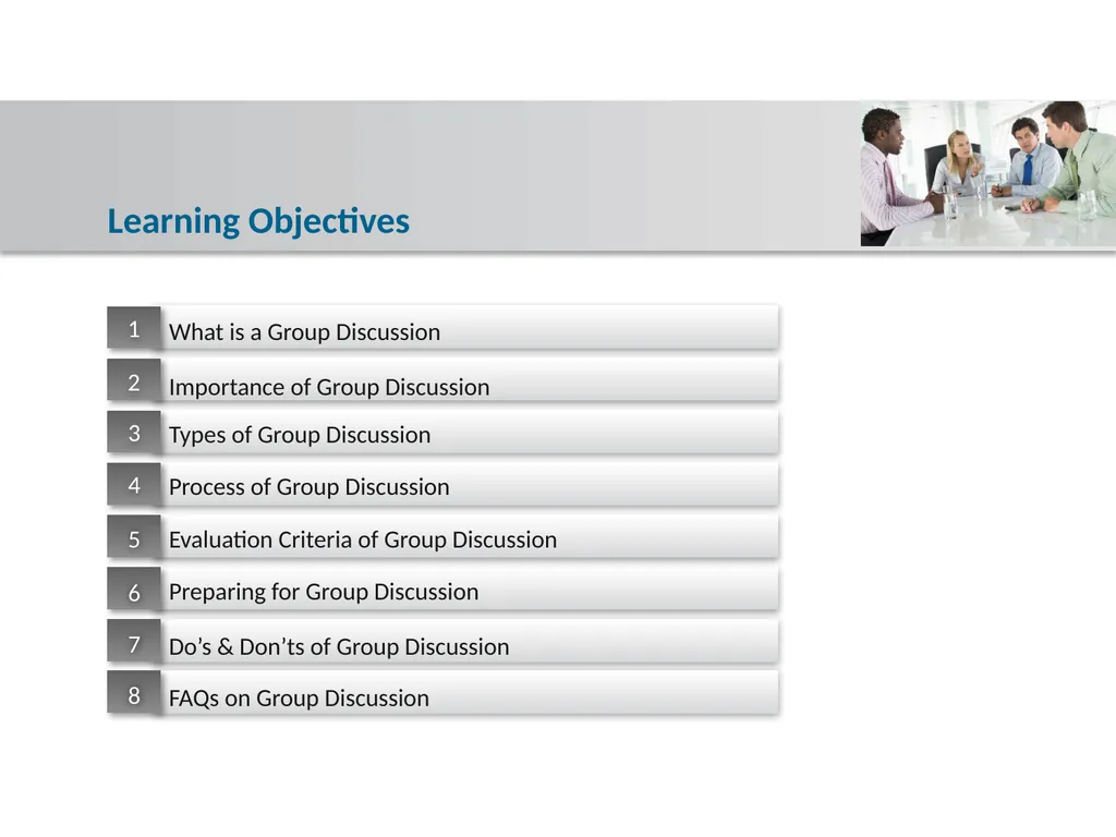 Group Discussion Strategies Course Objectives Do’s - slide 3 of 49