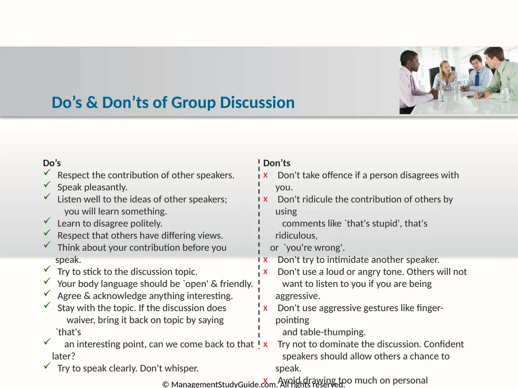 Group Discussion Strategies Course Objectives Do’s - slide 30 of 49