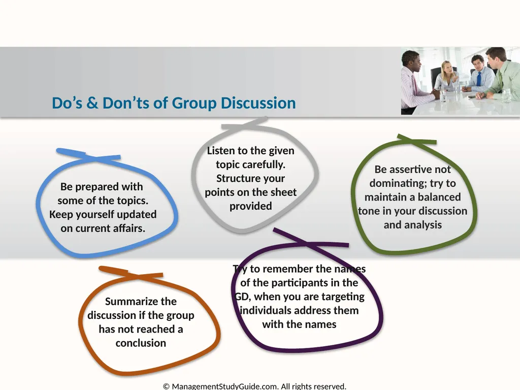 Group Discussion Strategies Course Objectives Do’s - slide 31 of 49