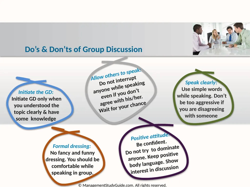 Group Discussion Strategies Course Objectives Do’s - slide 32 of 49