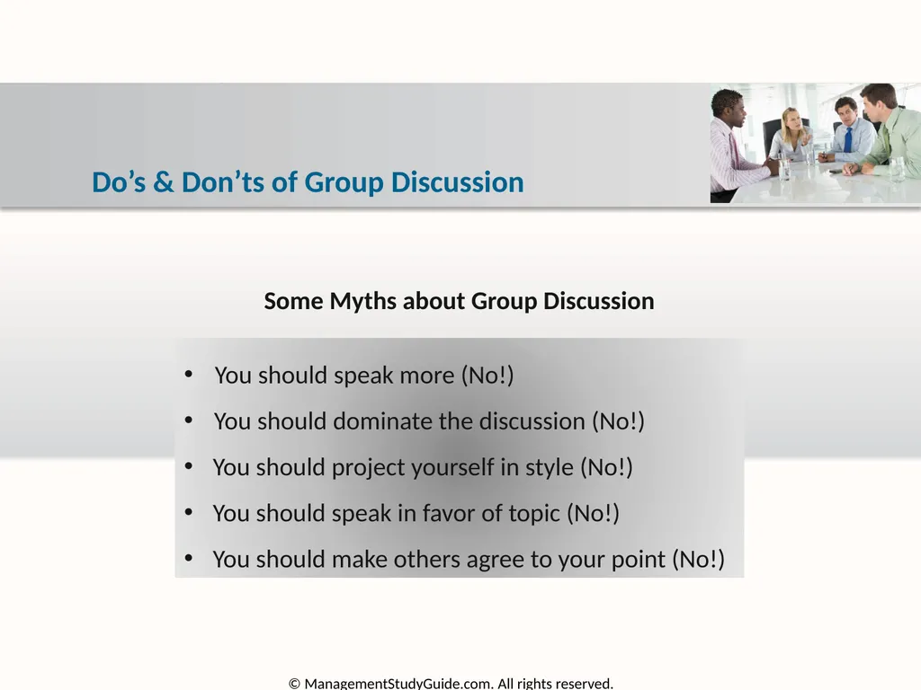Group Discussion Strategies Course Objectives Do’s - slide 34 of 49