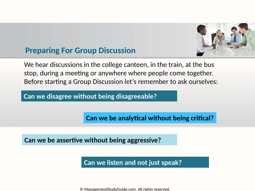Group Discussion Strategies Course Objectives Do’s - slide 27 of 49
