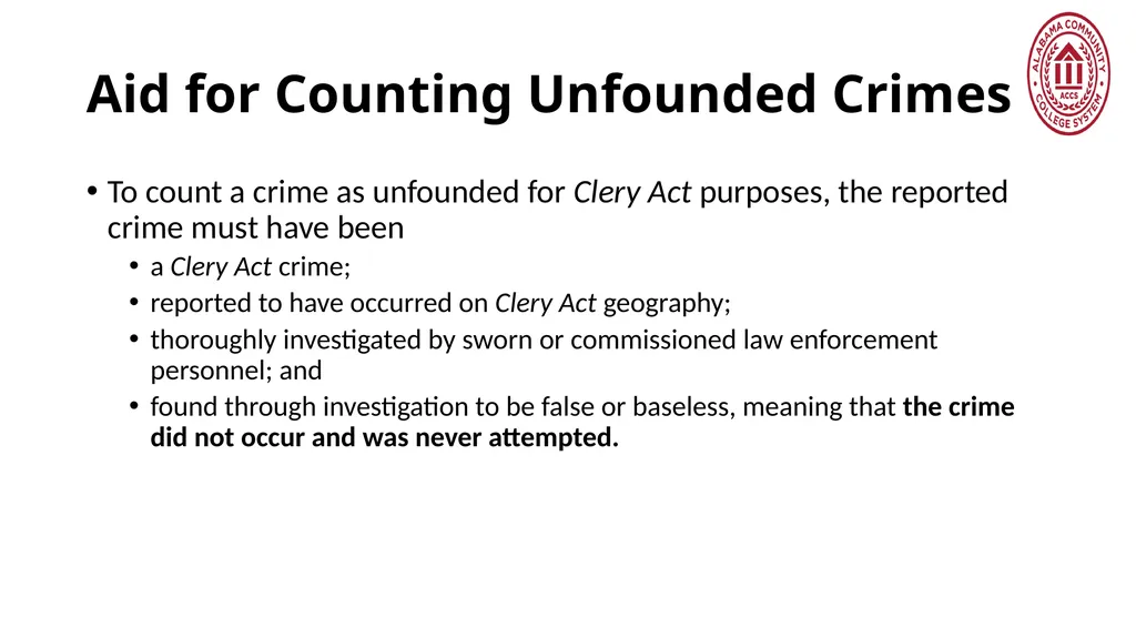 Crime Statistics Classifying and Counting Clery - slide 138 of 146