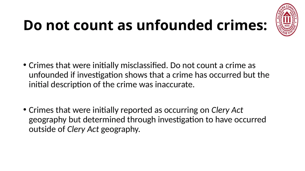 Crime Statistics Classifying and Counting Clery - slide 139 of 146