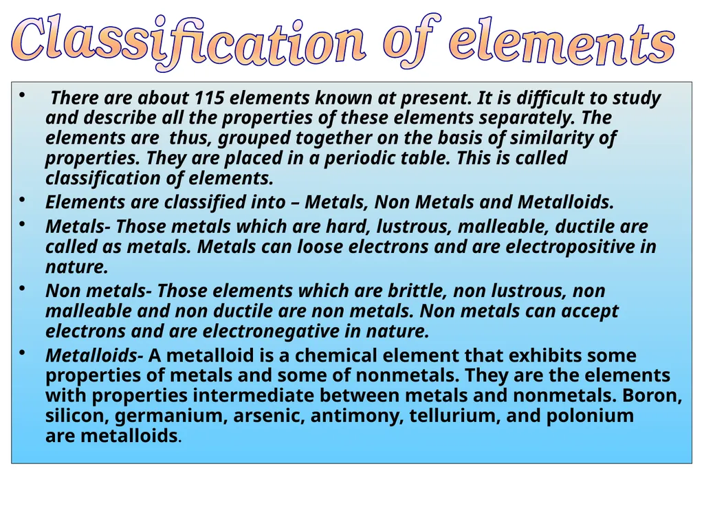 CLASS-VIII SCIENCE METALS AND NON METALS There are - slide 2 of 31
