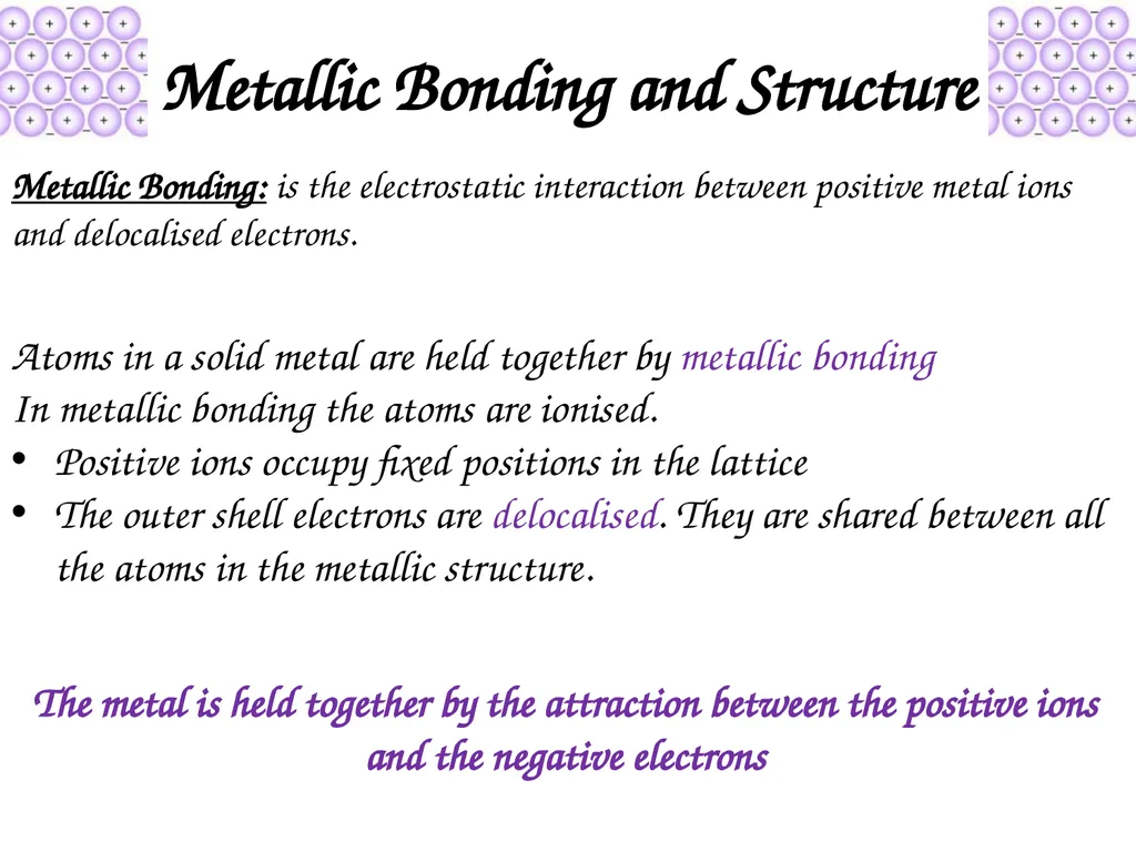 Metallic Bonding and Structure Describe metallic - slide 3 of 19