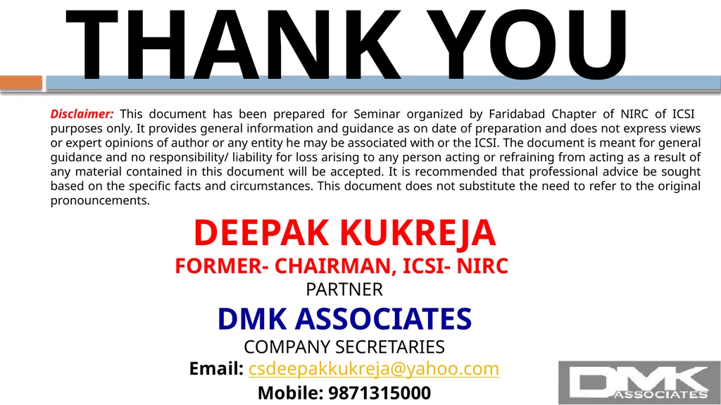 By: CS DEEPAK KUKREJA FCS, IP., ACIS(UK), LL.B., - slide 20 of 20