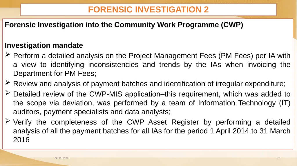 COMMUNITY WORK PROGRAMME AUDIT OUTCOMES PORTFOLIO - slide 17 of 26