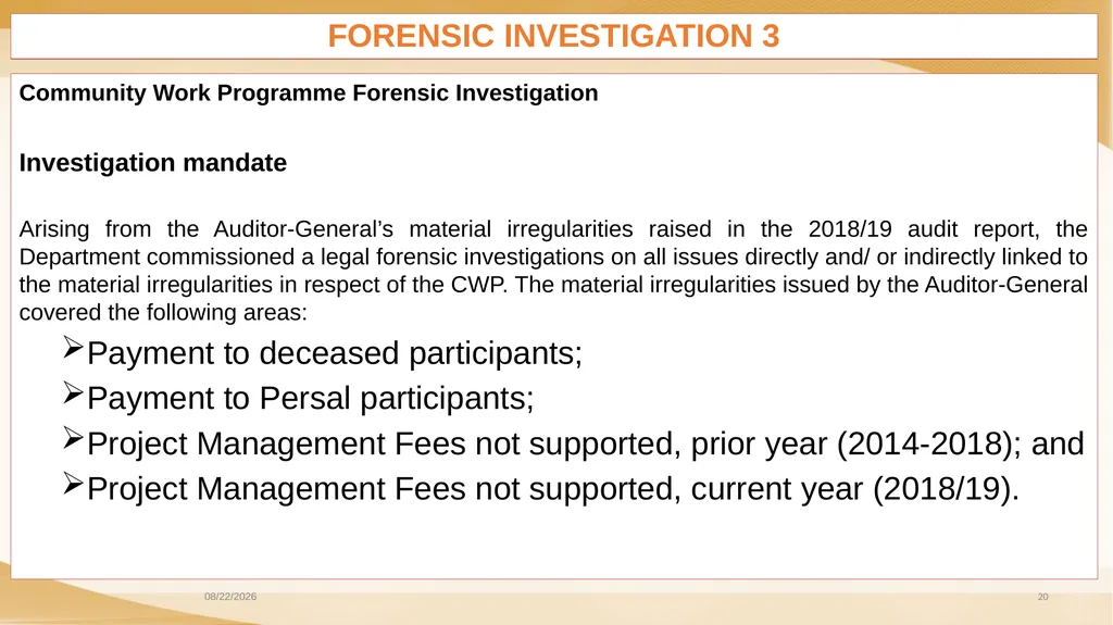 COMMUNITY WORK PROGRAMME AUDIT OUTCOMES PORTFOLIO - slide 20 of 26