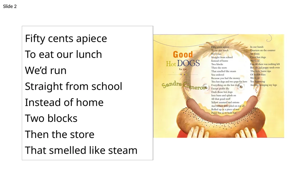 “Good Hot Dogs” by Sandra Cisneros Writing Week 1, - slide 3 of 7