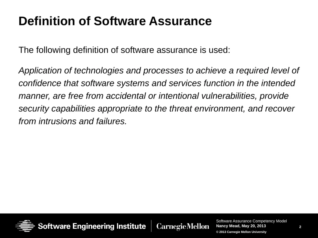 The Software Assurance Competency Model: A Roadmap - slide 2 of 31