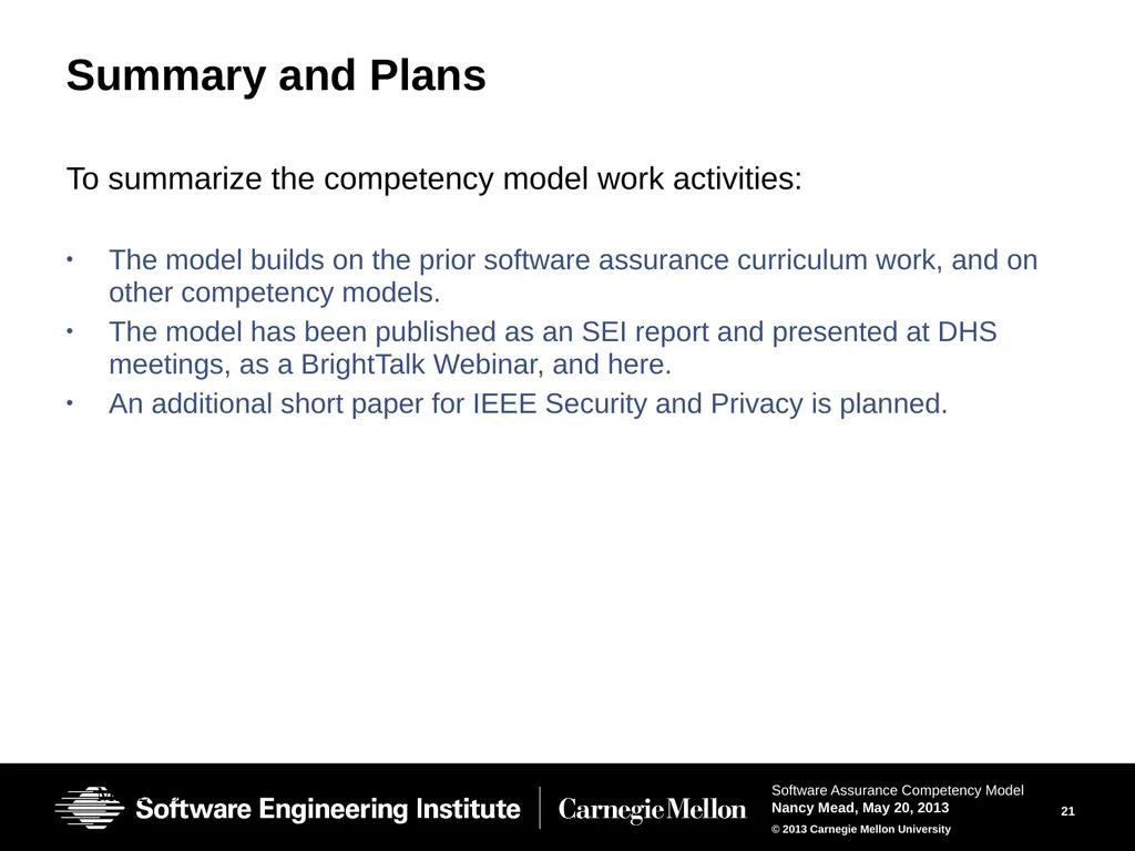 The Software Assurance Competency Model: A Roadmap - slide 21 of 31