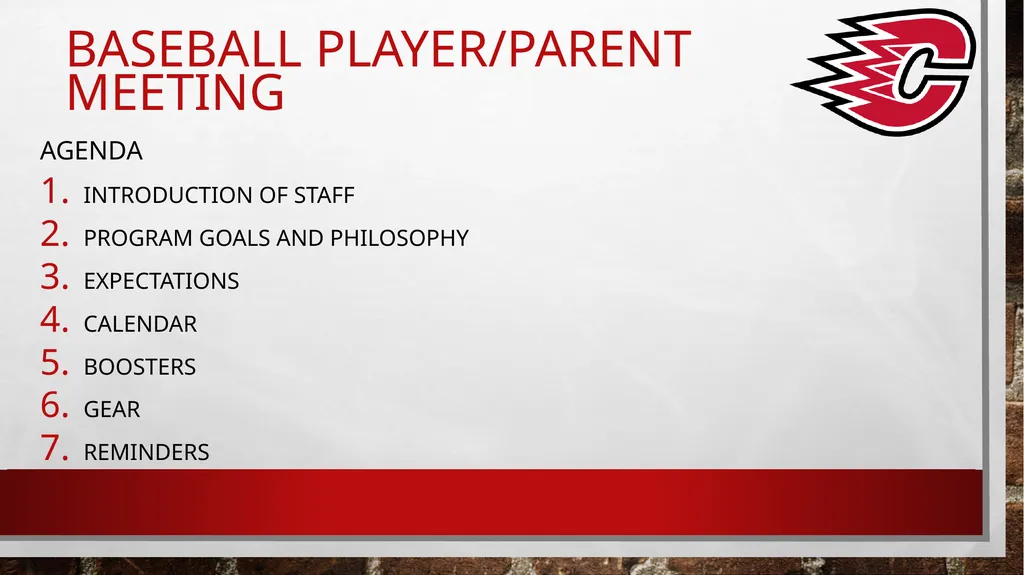 Baseball Player/Parent Meeting Agenda Introduction - slide 1 of 25