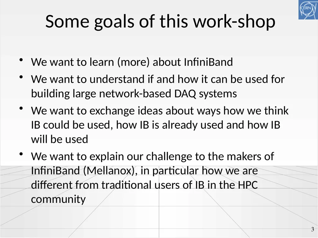 Technical workshop on InfiniBand for Trigger/DAQ - slide 3 of 8