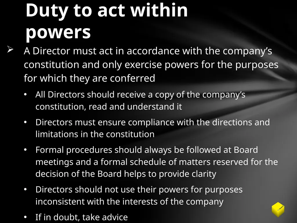 Legal duties of a Company Director Duty to promote - slide 10 of 24