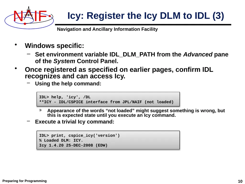 Preparing for Programming Using the SPICE Toolkits - slide 10 of 19