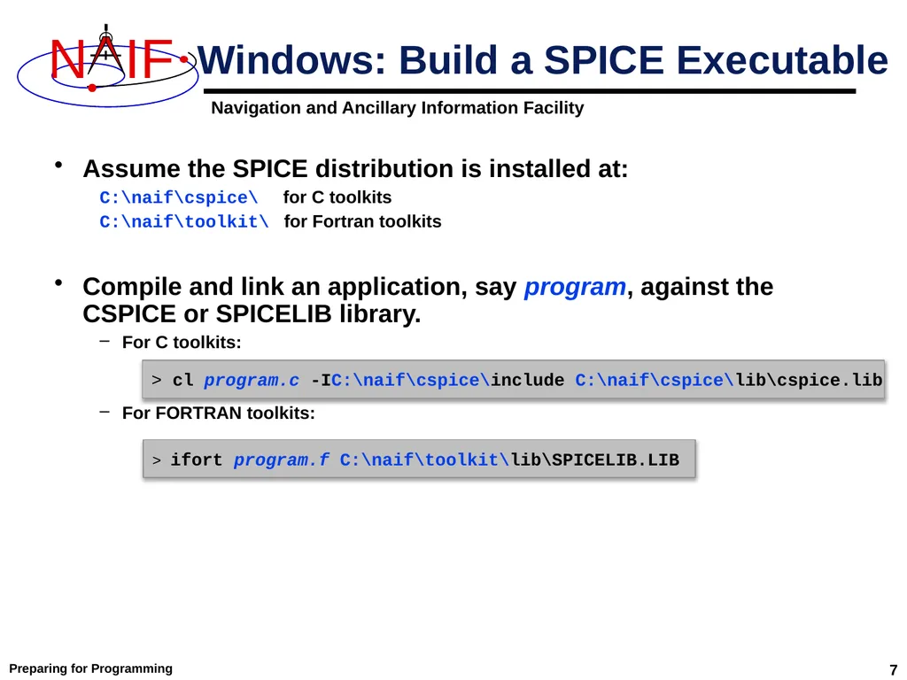 Preparing for Programming Using the SPICE Toolkits - slide 7 of 19