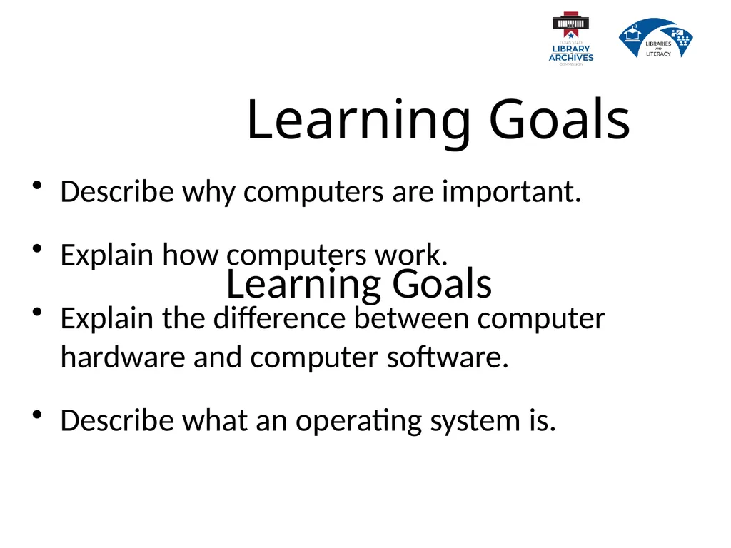 1.2 Computer Basics Learning Goals Describe why - slide 2 of 36