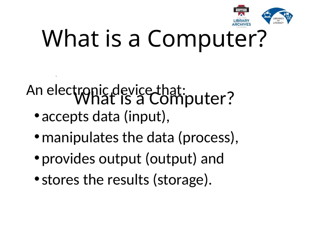 1.2 Computer Basics Learning Goals Describe why - slide 5 of 36