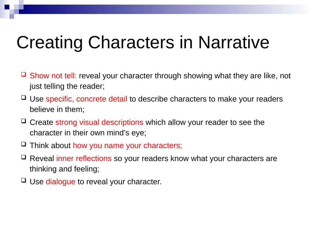Creating characters in narrative: Using verbs to - slide 10 of 12