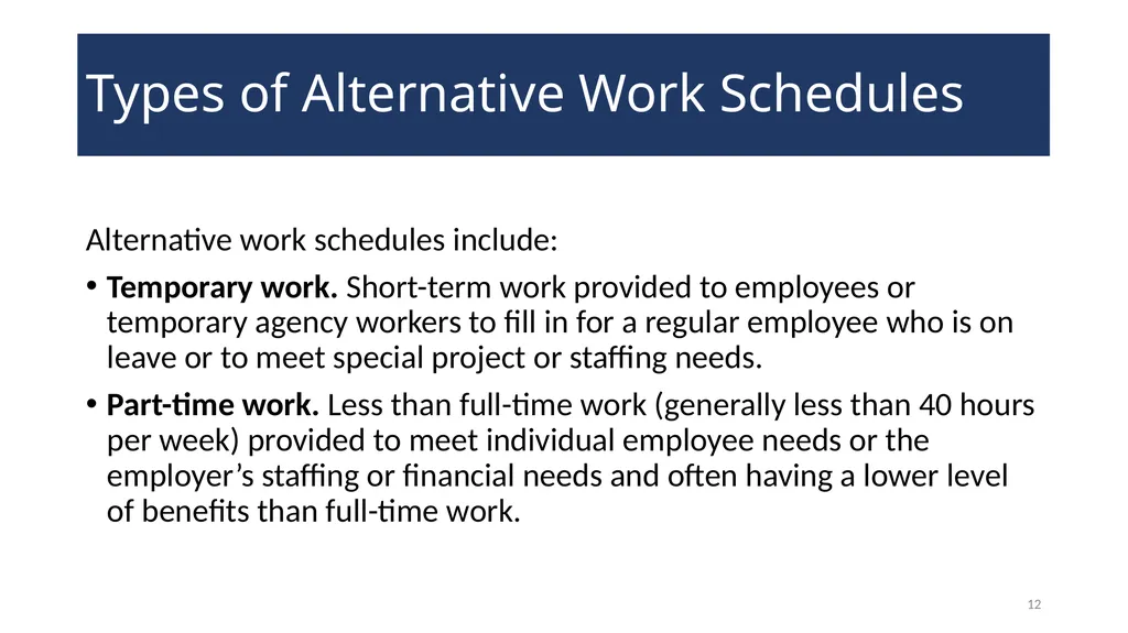 Alternative Work Schedules WELCOME! 2 Agenda - slide 12 of 21