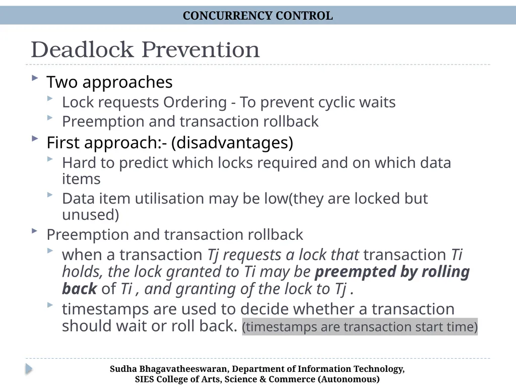 Concurrency Control Chp 15, Database Systems, - slide 16 of 20