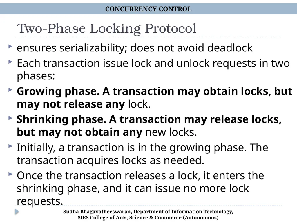 Concurrency Control Chp 15, Database Systems, - slide 9 of 20