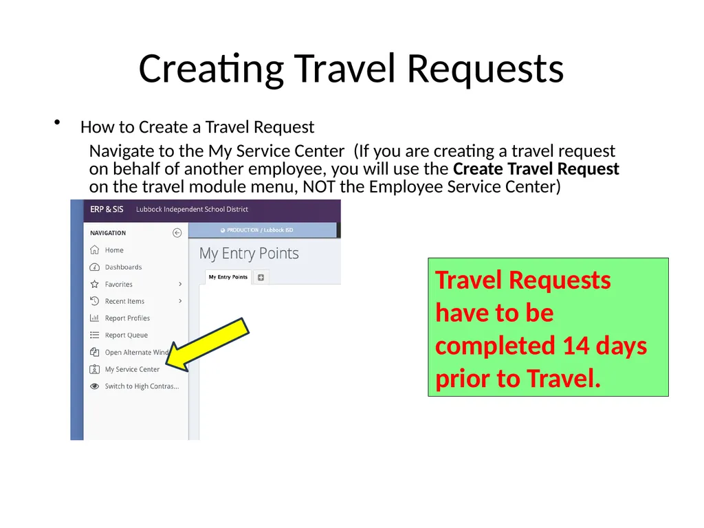 TRAVEL REQUEST IN FRONTLINE My Service Center - slide 2 of 22