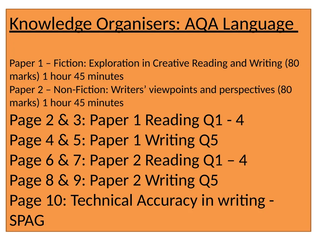 Knowledge Organisers: AQA Language Paper 1 – - slide 1 of 10