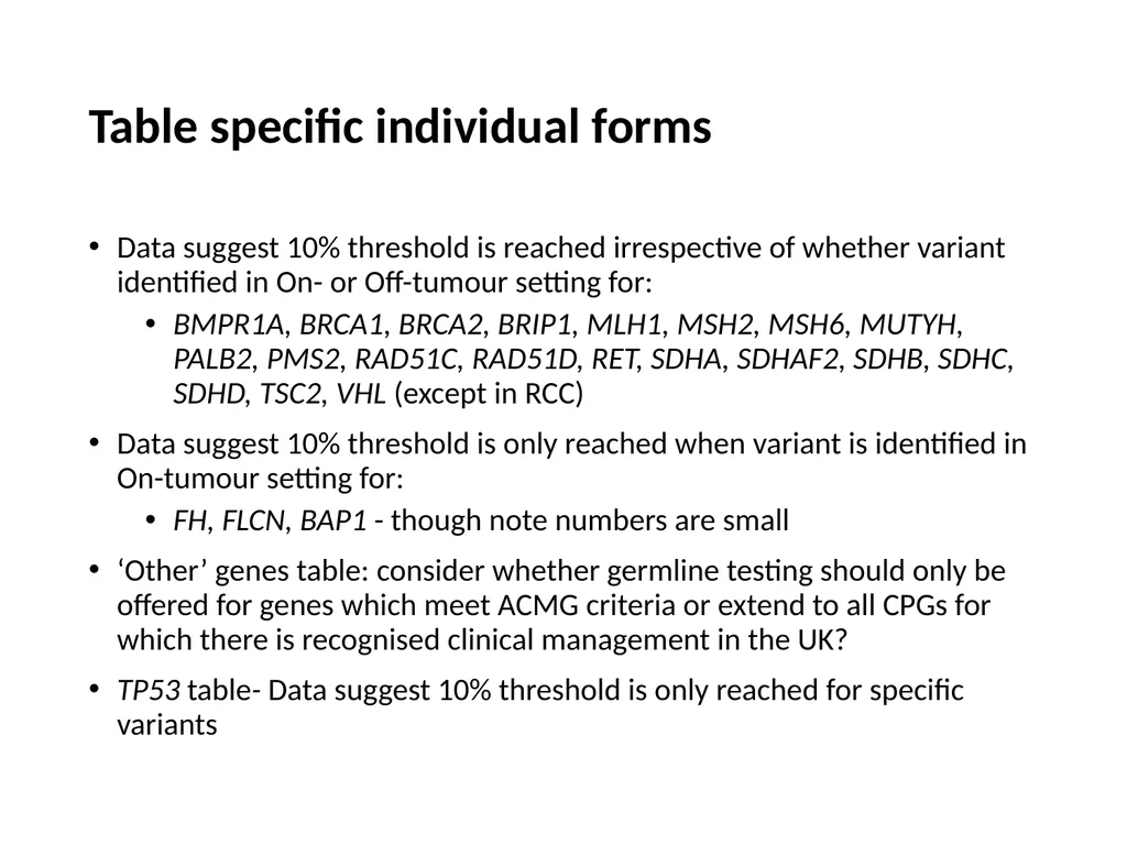 Breakout session 1 Somatic-to-germline testing - slide 8 of 16