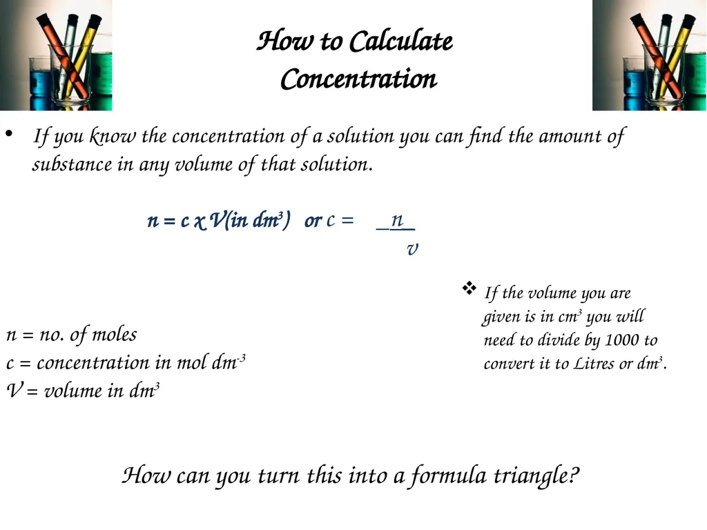 Moles and Solutions - Concentrations Learning - slide 5 of 8