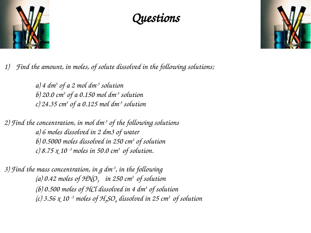 Moles and Solutions - Concentrations Learning - slide 8 of 8