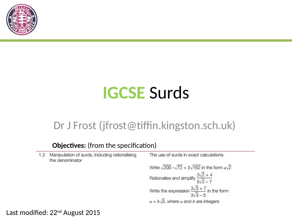 IGCSE Surds Dr J Frost - slide 1 of 6