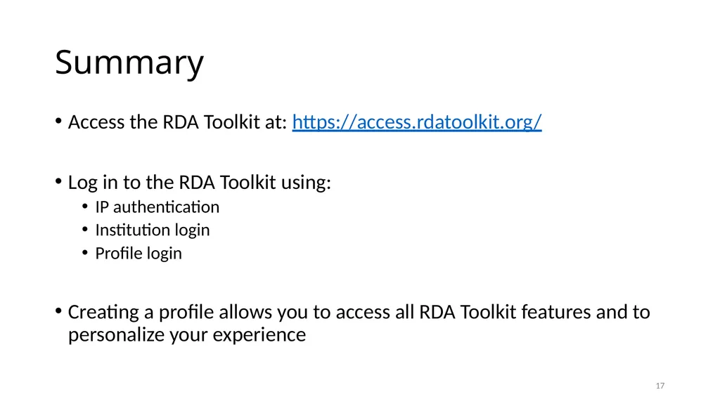 Getting Started with RDA Toolkit Module 4 1 Access - slide 17 of 18