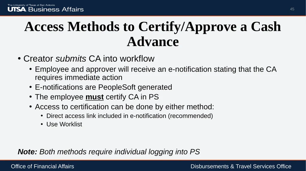 Travel Advance Process (PS 0309) Disbursements & - slide 45 of 63