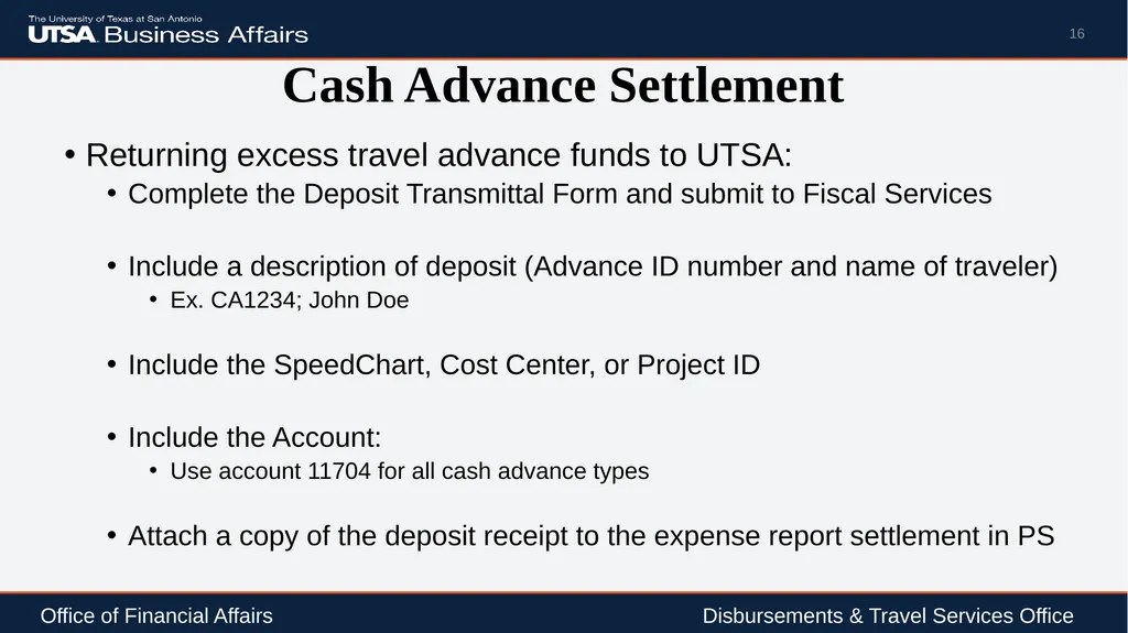 Travel Advance Process (PS 0309) Disbursements & - slide 16 of 63
