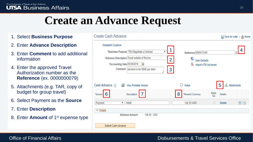 Travel Advance Process (PS 0309) Disbursements & - slide 39 of 63