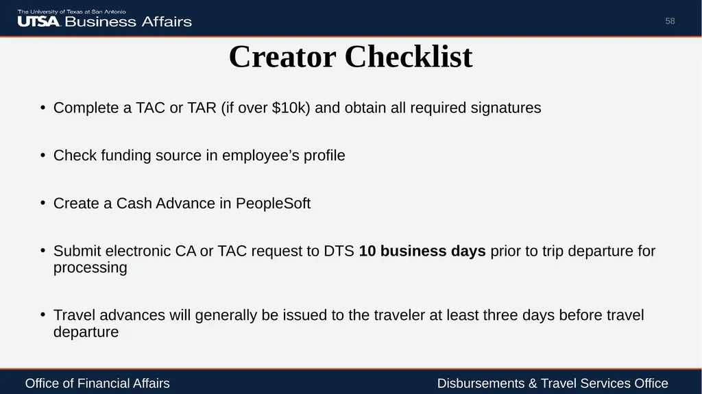 Travel Advance Process (PS 0309) Disbursements & - slide 58 of 63