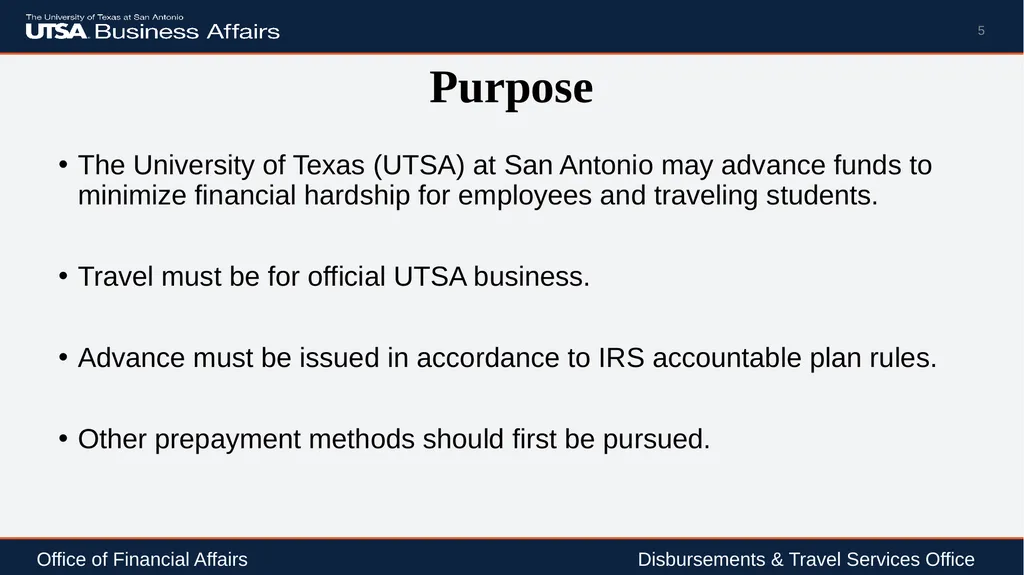 Travel Advance Process (PS 0309) Disbursements & - slide 5 of 63