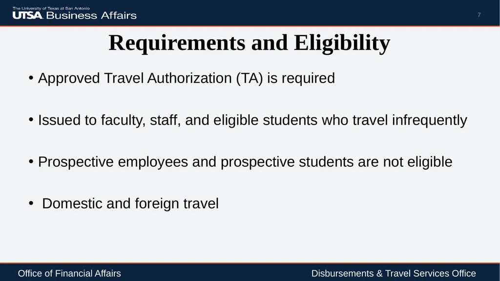Travel Advance Process (PS 0309) Disbursements & - slide 7 of 63