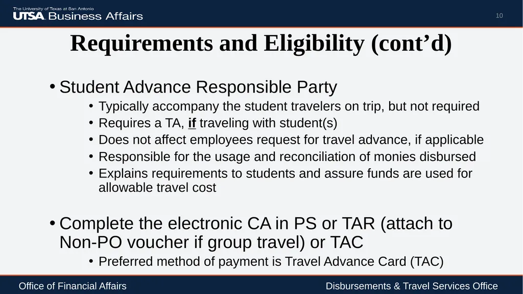 Travel Advance Process (PS 0309) Disbursements & - slide 10 of 63