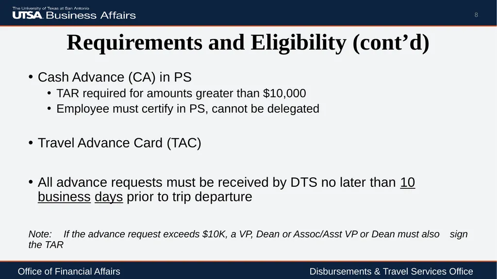 Travel Advance Process (PS 0309) Disbursements & - slide 8 of 63